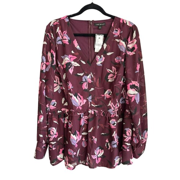 Lane Bryant Purple Floral Peplum Blouse Size 18 Long Sleeve V-Neck NWT - Picture 1 of 6